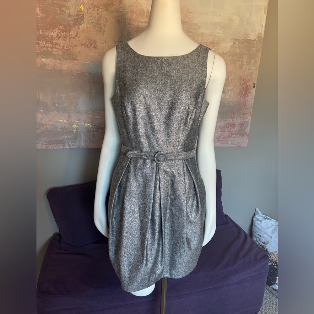 White House Black Market Silver Mini Scoop Neck Belted Cocktail Dress Size 8P